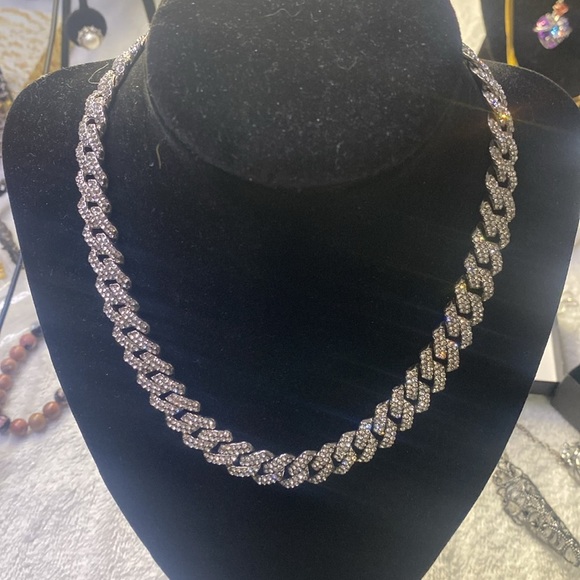 Iced Out Cuban Chain Necklace Silver Tone, 16 inches - Picture 4 of 5